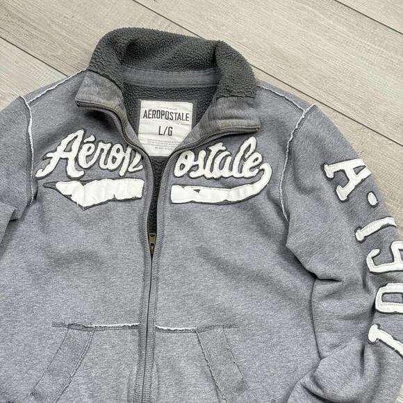 Y2K Aeropostale Sherpa Lined Zip Jacket Gray Sz L Applique Logo A87 Fleece Skate - Picture 2 of 9